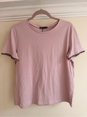 Zara Pale Pink Short Sleeve Tee with Beaded Sleeve Trim